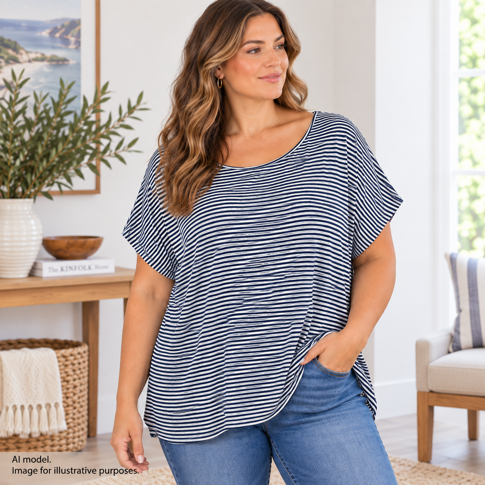 Tahari Shirt Women XL Blue White Stripe Linen Button Back Airy Lagenlook Boho